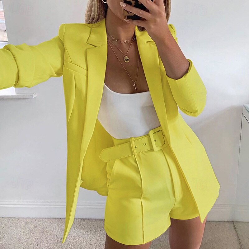 Women's Blazer Comfortable Breathable Slim Fit Fashion Modern Plain Work Daily Regular Turndown Regular Fit Long Sleeve Outerwear Yellow Blue Dark Green Spring Fall4