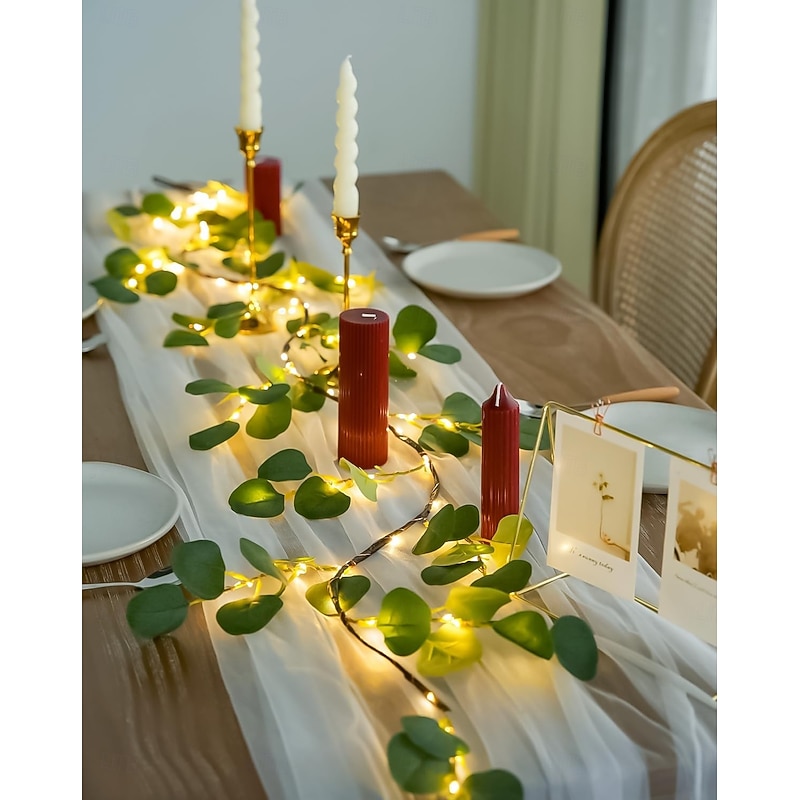 Artificial Eucalyptus Garland with Lights, Lighted Spring Garland Battery Operated for Mantel Fireplace Wedding Spring Valentine Decoration2