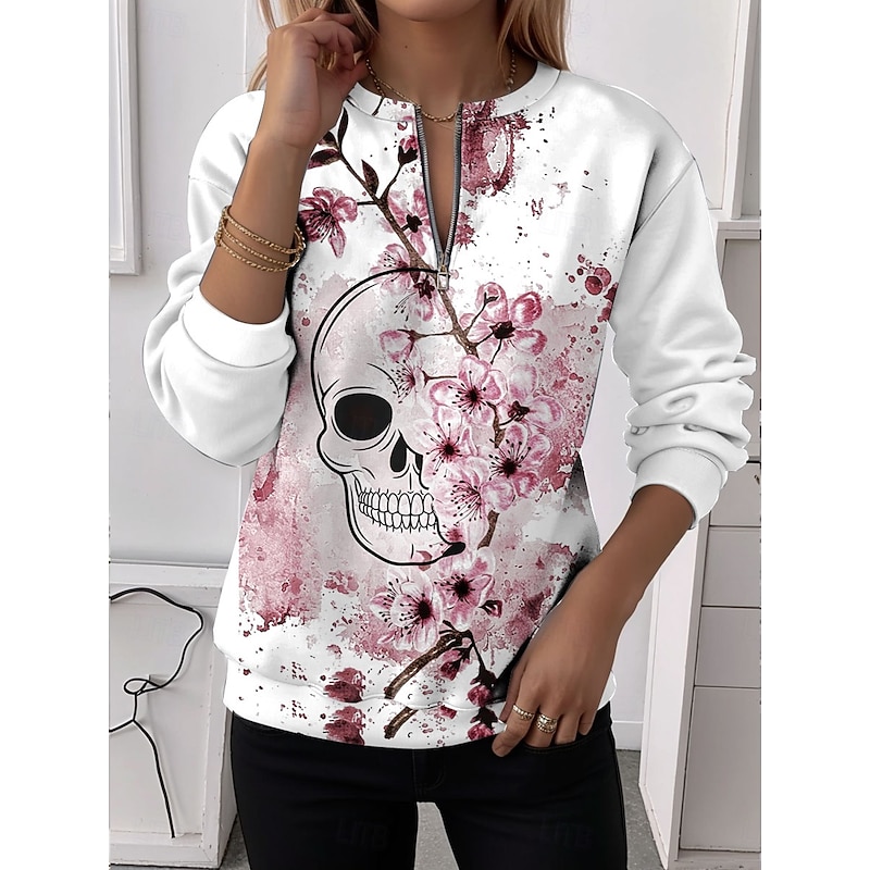 Women's Quarter Zipper Sweater Floral Graphic Skull Casual Long Sleeve Crew Neck Regular Tops Street Dailywear Half Print Pink Blue Purple Green Fall Winter