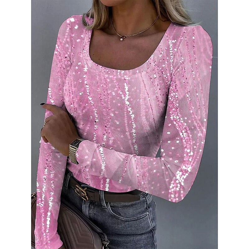 Women's T shirt Long Sleeve Ribbed Graphic Square Neck Long Sleeve Casual Ombre Abstract Vintage Stylish Classic Regular Tops Daily Print Blue Purple Gold Green  Spring Fall Prefall3