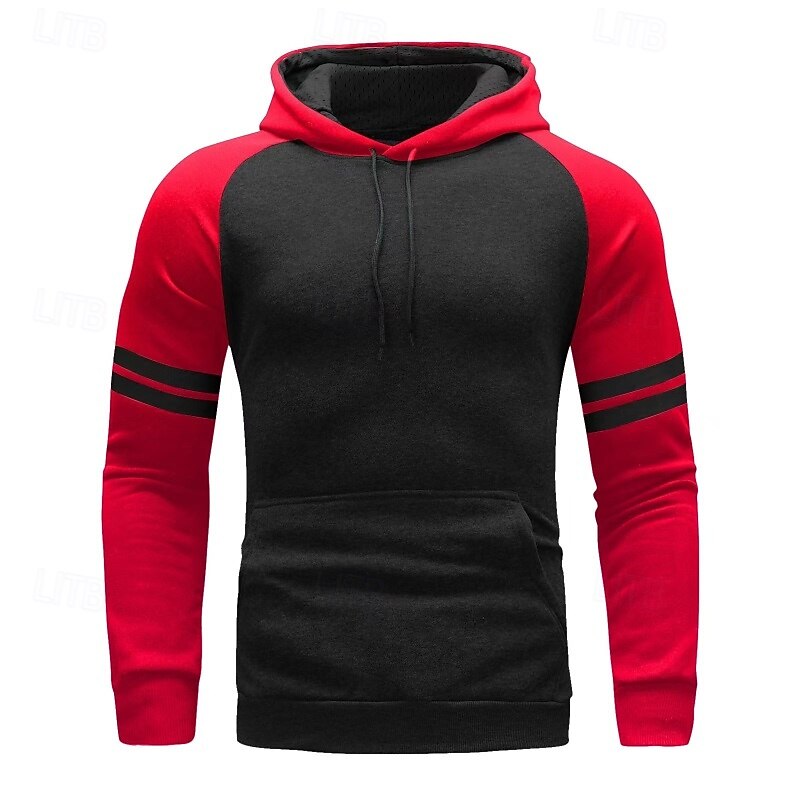 Men's Hoodie Fleece Hoodie Fleece lined Hoodie Red Navy Blue Light Grey Dark Gray Hooded Plain Patchwork Color Block Sports & Outdoor Casual Daily Polyester Streetwear Cool Designer Spring &  Fall3