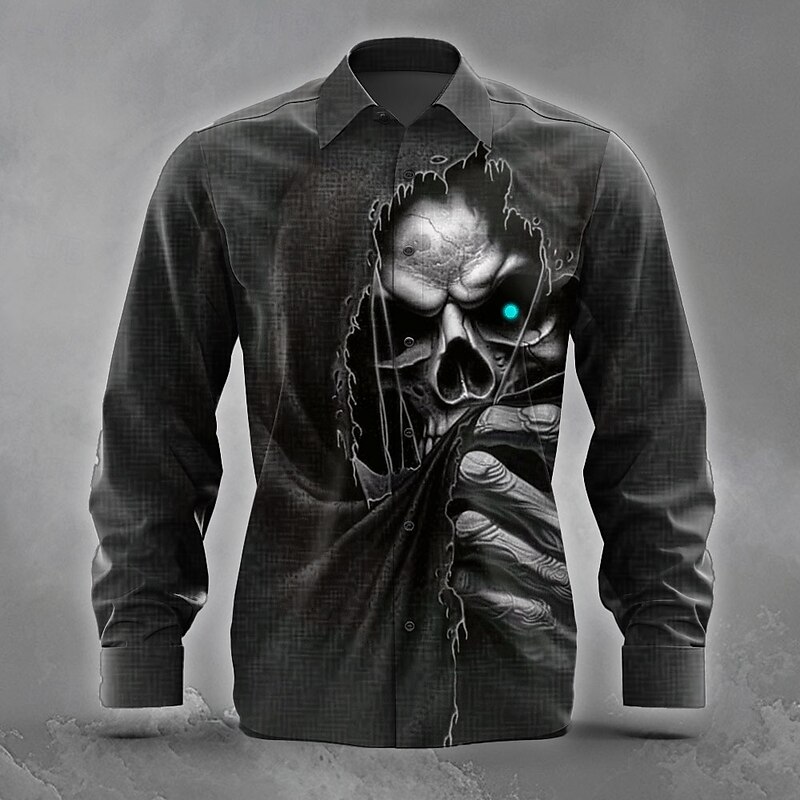 Men's Skull Death Ripped Shirt Button Up Shirt Long Sleeve Dark Punk Gothic Style Holiday Streetwear Summer Spring Turndown 3D Print Collared Shirts Black 1 Black 3 Black Black 22