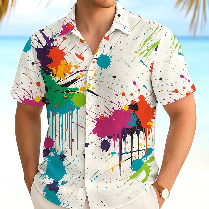 Men's Splash Ink Shirt Summer Shirt Button Up Shirt Short Sleeve Fashion Casual Outdoor Vacation Dailywear Summer Spring Turndown 3D Print Collared Shirts Front One Pocket White