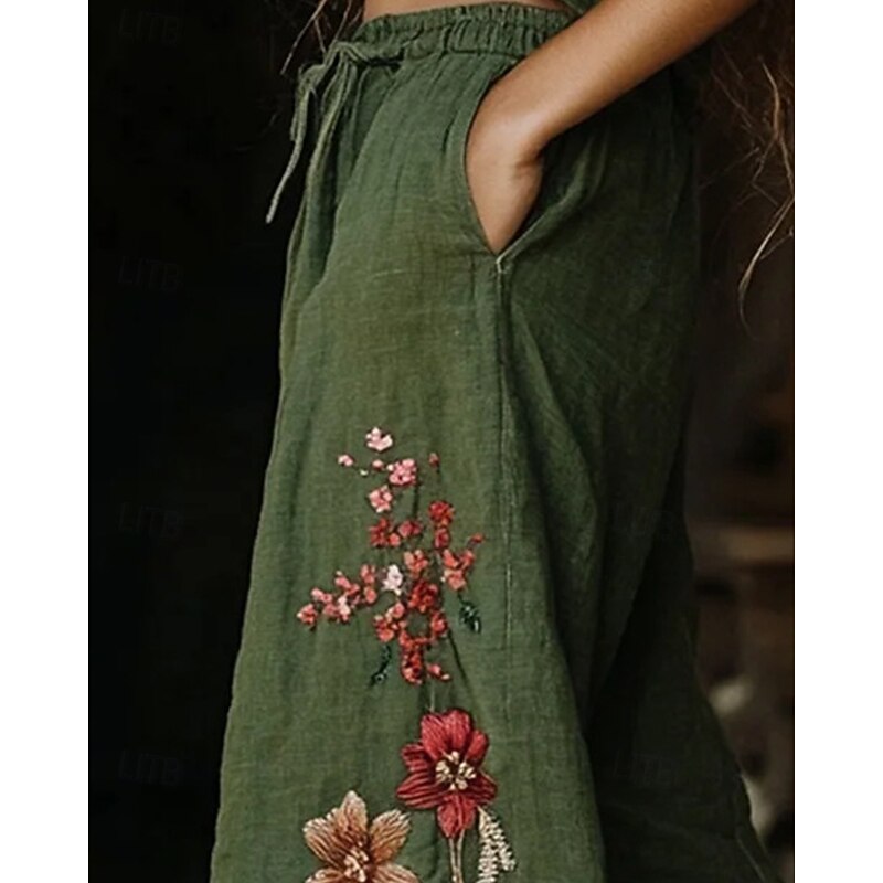 Women's Wide Leg Pants Trousers Palazzo Pants Fashion Streetwear Full Length High Waist Flower Elastic Waist Drawstring Print Breathability Comfortable Street Daily Wear Going out Green Spring Fall2