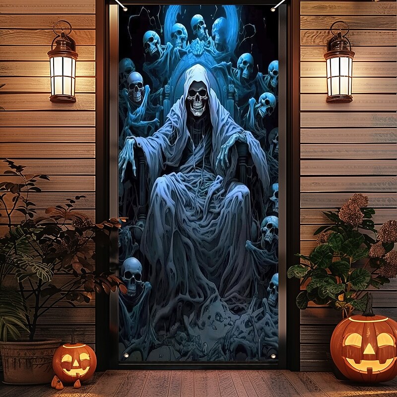 Halloween Door Cover Outdoor Banners Grim Reaper 3D Psychedelic Dark Punk Gothic Style Party Outdoor Shooting Backgrounds Front Door Wall Porch Home Decor