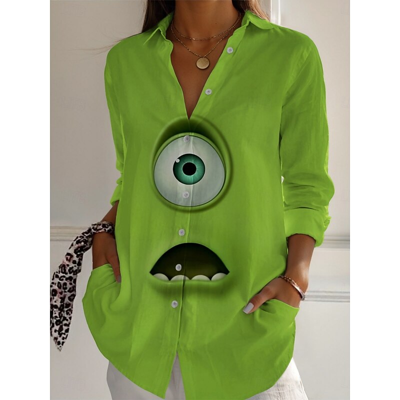 Women's Cartoon Funny Smile Face Shirt  Active Daily Stylish Long Sleeve Shirt Collar Regular Tops Daily Holiday Buttons Print Yellow Blue Purple Green Spring Fall