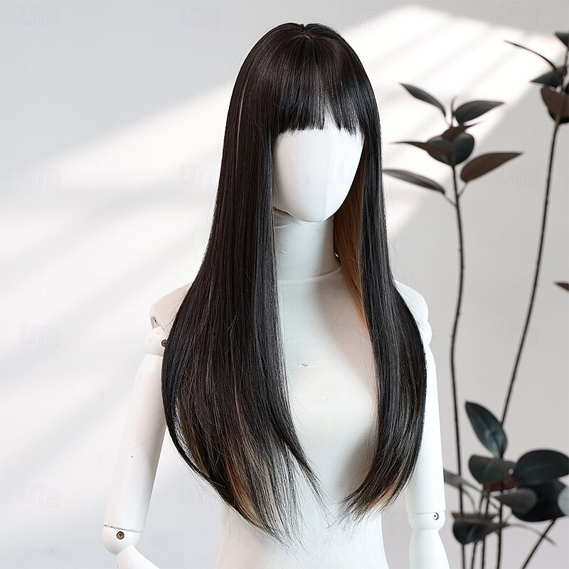 Black 24-Inch Straight Wig for Women – Long Hair with Full Bangs, Ideal for Halloween, Costumes, and Stylish Fashion Looks3