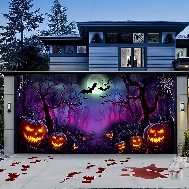 Halloween Garage Door Cover Neon Pumpkins in Spooky Forest Banner, Glowing Blacklight Backdrop Decoration for Holiday Outdoor Garage Door and Home Wall, 2025 Halloween Decorations4