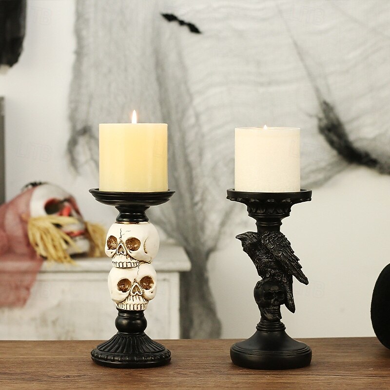 Halloween Resin Figurine Scary Skeleton Crow Candle Holder Gothic Spooky Decor for Home Tabletop Haunted House Party Decoration Creepy Holiday Resin Ornament Accessory