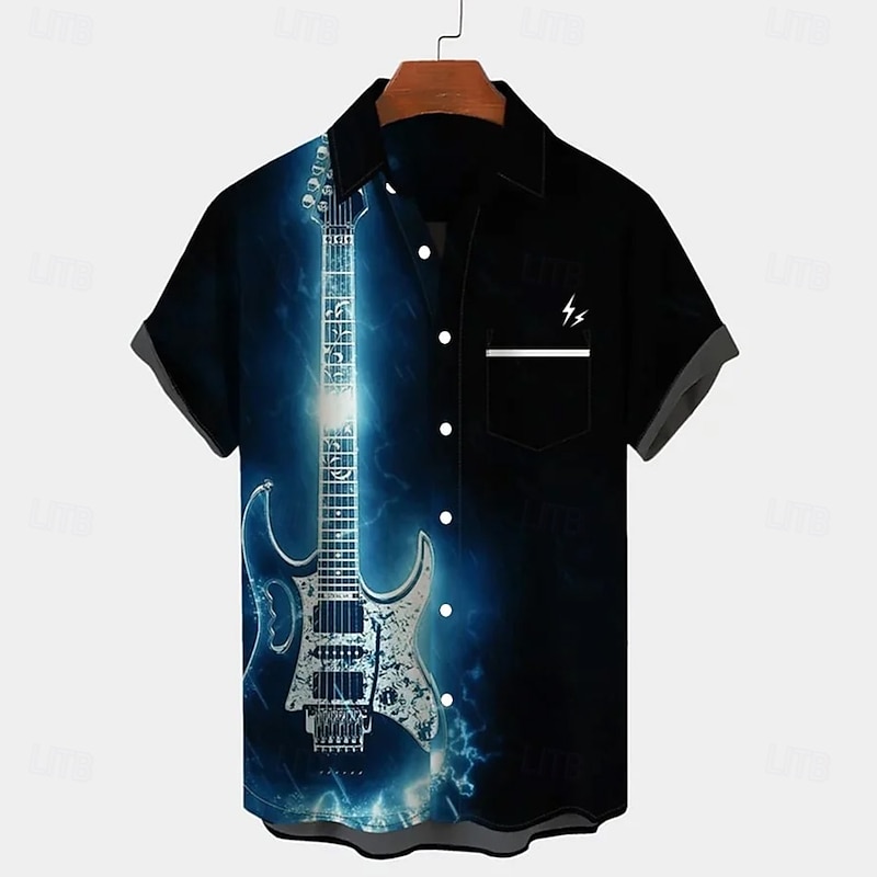Men's Boardmasters Guitar Piano Shirt Summer Shirt Button Up Shirt Short Sleeve Vintage Retro Outdoor Vacation Dailywear Summer Spring Turndown 3D Print Collared Shirts Front One Pocket Black Brown3