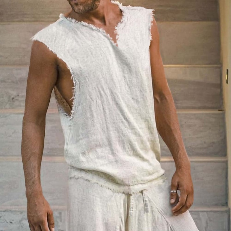 Men's Linen Shirt Tank Top Vest Sleeveless Shirt Sleeveless V Neck Summer Plain Fashion Classic Comfortable Vacation Casual Holiday White Top Tee for Men