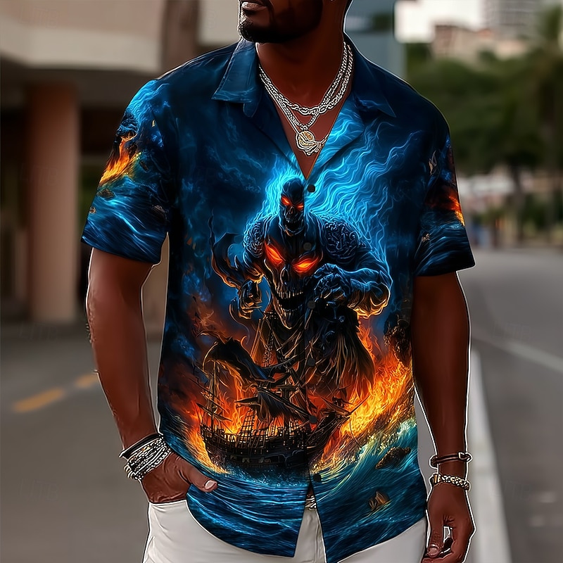 Halloween Men's Skull Flame Sailboat Shirt Cuban Collar Shirt Button Up Shirt Short Sleeve Dark Punk Gothic Style Holiday Streetwear Summer Camp Collar Shirt 3D Print Blue 2# Blue 1#2