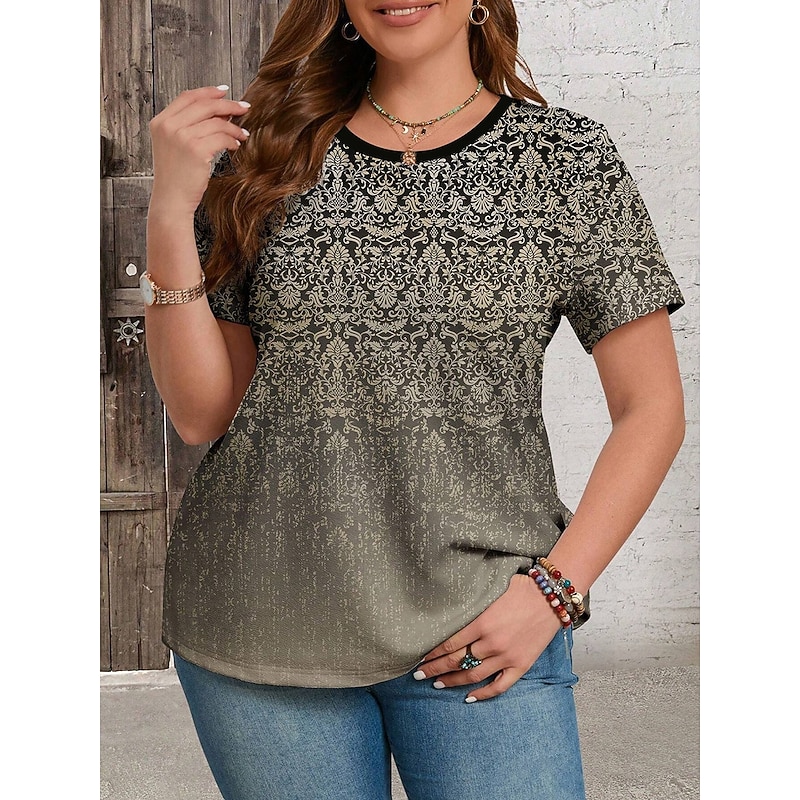 Women's Plus Size Tops T Shirt Ombre Geometry Print Short Sleeve Crew Neck Casual Daily Polyester Summer Spring Pink Blue3