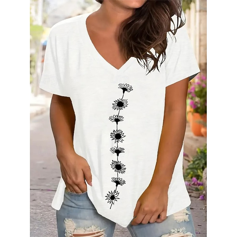 Women's T Shirt Floral Graphic Plants Bohemia Vintage Stylish Short Sleeve V Neck Regular Tops Daily Going out Weekend Print Black White Gray Summer Spring