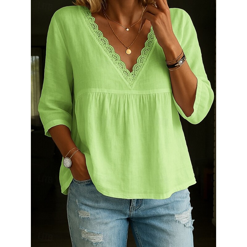 Women's Lace Shirt Peplum Solid Color Stylish Casual 3/4 Length Sleeve V Neck Regular Tops Daily Lace Trim White Blue Green Beige Summer Spring Fall4