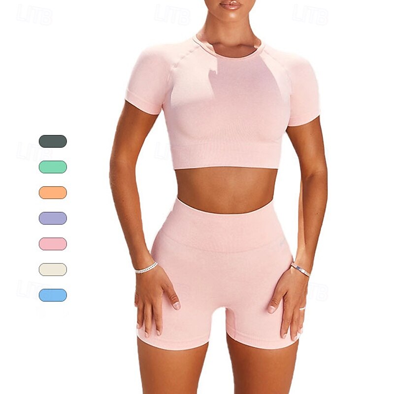 Women's 2 Pieces Workout Sets Shorts and Crop Top Solid Color Clothing Suit Black Pink Gym Workout High Waist Stretchy Breathable Short Sleeve Sport Activewear Slim