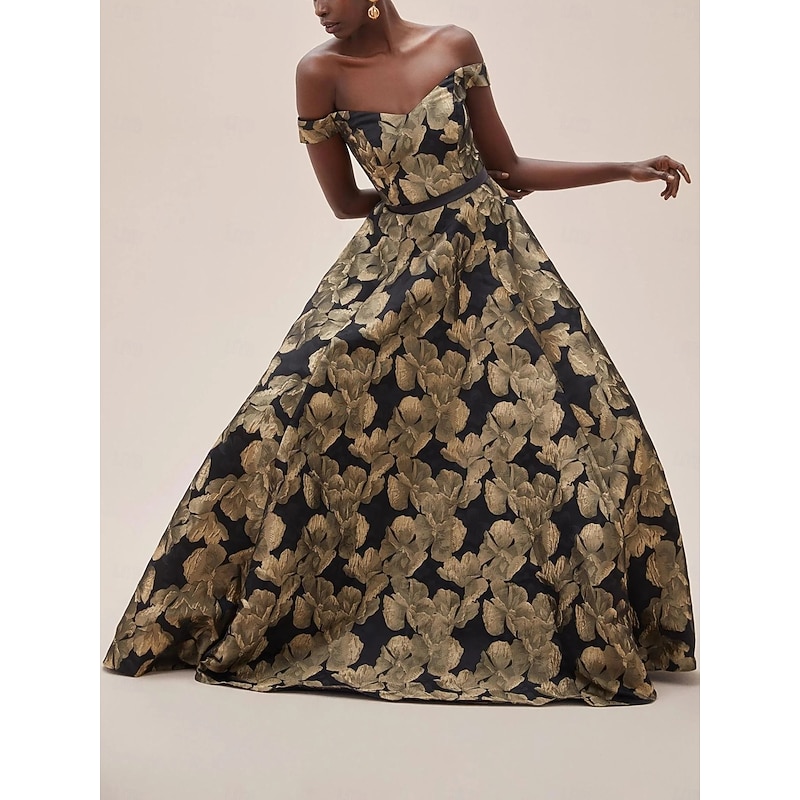 Black and Gold A-Line Evening Gown Elegant Dress Formal Wedding Floor Length Short Sleeve Off Shoulder Pocket Nylon with Slit3