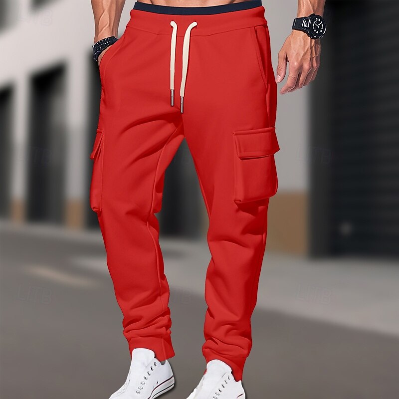Men's Cargo Pants Sweatpants Joggers Trousers Casual Pants Elastic Waist Drawstring Solid Colored Comfort Full Length Outdoor Daily Running Vacation Simple Black Red Micro-elastic4