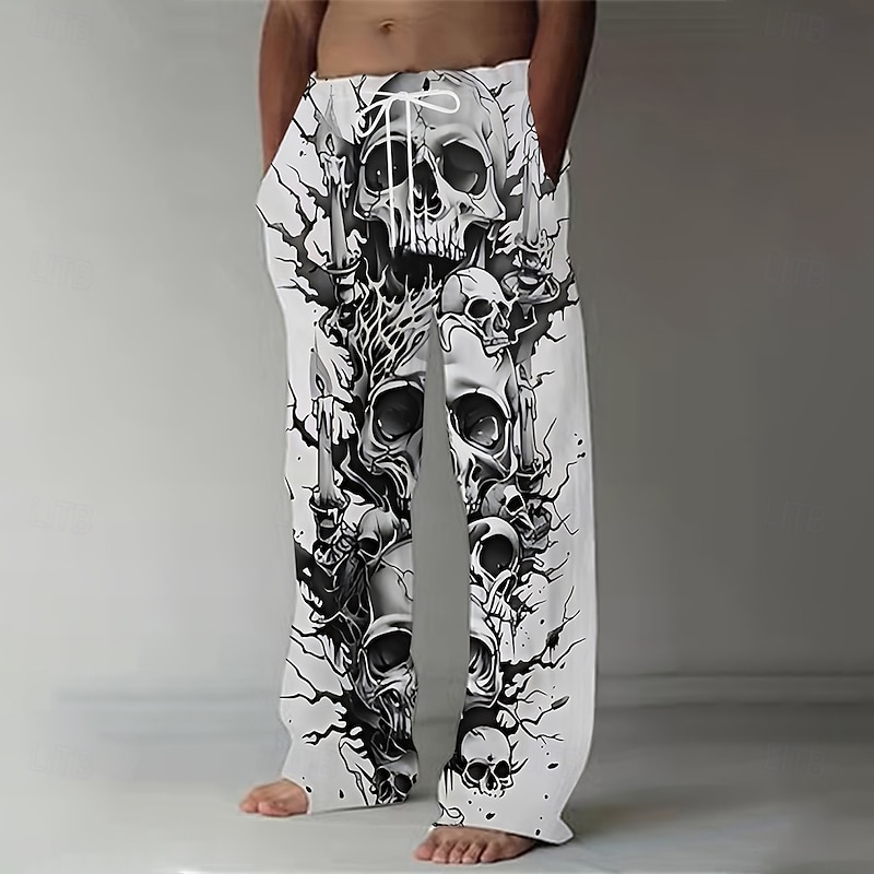 Men's Halloween Costumes Skulls Trousers Baggy Pants Casual Pants Mid Waist Dark Gothic Style Holiday Streetwear Elastic Drawstring Waist Linen-Like Pants with Pockets Summer Spring 3D Print Black 1