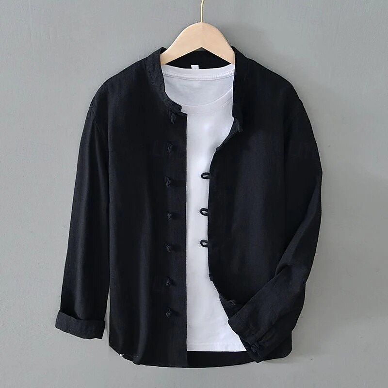 Men's Shirt Linen Shirt Viking Style Band Collar Shirt Summer Shirt Beach Wear Solid Color Vacation Street Black White Navy Blue Gray Long Sleeve Mandarin Collar Summer Spring Clothing Apparel Buttons4