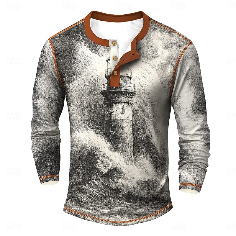 Men's Graphic Vintage Henley Shirt Tee Long Sleeve Vintage Fashion Designer Outdoor Casual Daily Spring &  Fall All Seasons Dark Brown Navy Blue Green Light Grey Henley Henley T-Shirt2