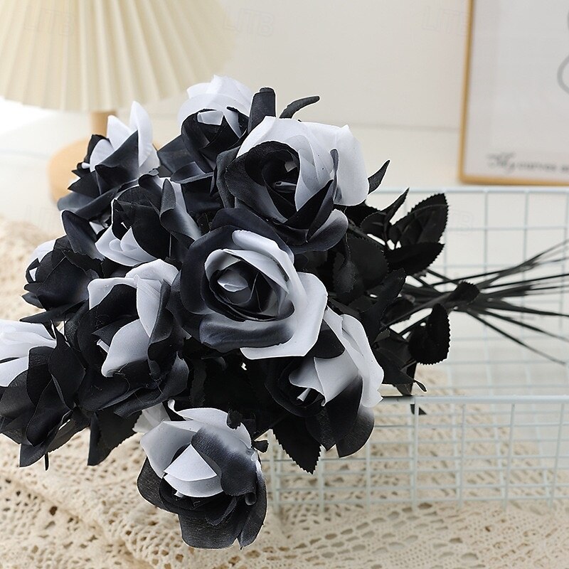 12 Bundles Halloween Black Rose Decorations, Dark Gothic Style Artificial Black and White Roses for Home Decor, Outdoor Photography, and Halloween Props3