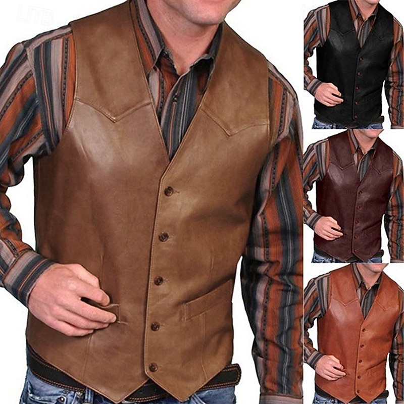 Men's Leather Vest Daily Wear Vacation Going out Vintage Fashion Spring &  Fall Button Faux Leather Comfortable Plain Single Breasted V Neck Regular Fit Red Brown Vest