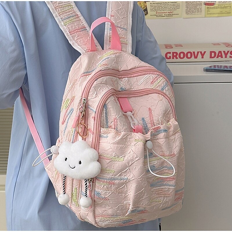Girls' Pastel Pink Quilted Backpack – Cute Lightweight School Bag with Cloud Keychain and Front Drawstring Pocket2