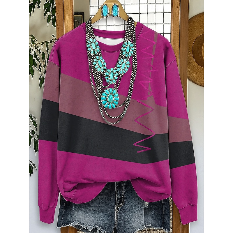 Women's Sweatshirts Graphic Striped Casual Long Sleeve Crew Neck Regular Tops Street Dailywear Casual Print Red Blue Purple Green Fall Winter2