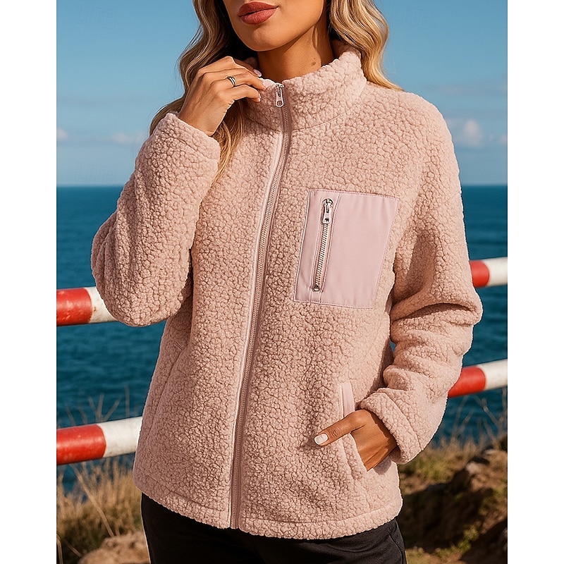 Women's Outdoor Recreation Coatv Polar Soft Fleece Jacket Pocket Full Zip Long Sleeve Top Athleisure Solid Colored Windproof Lightweight Warm Hiking Workout Athletic Sportswear Activewear Black White