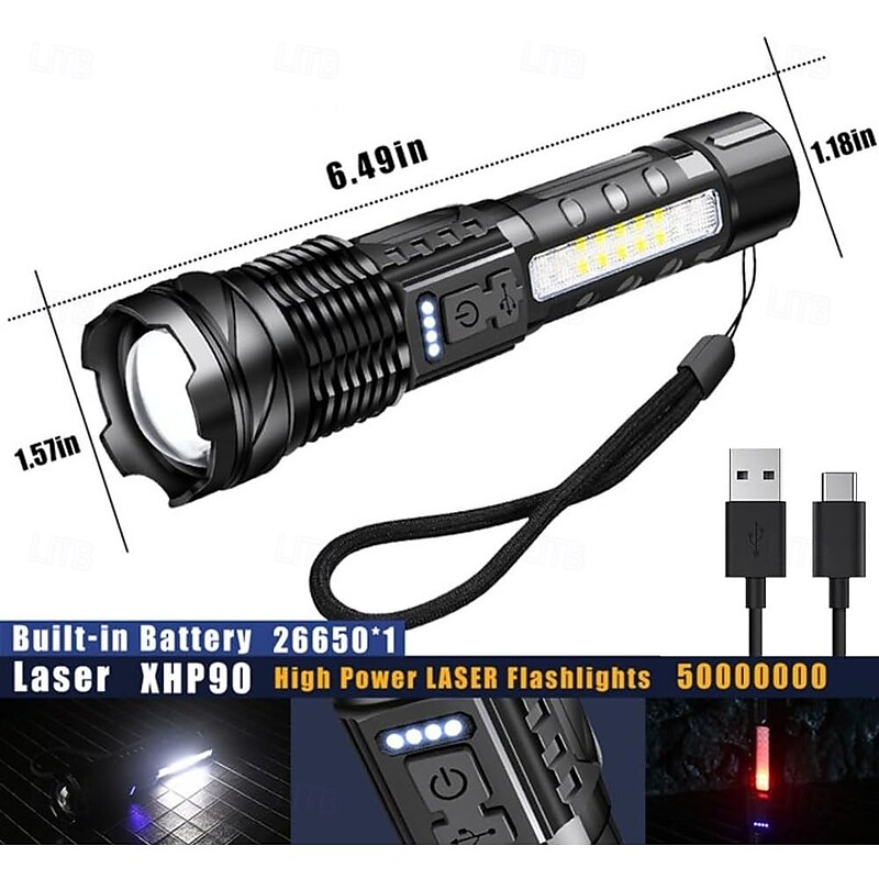 Rechargeable Tactical Flashlight, Powerful flashlights high lumens with 7 Light Modes, Cob Warning Side Light, IPX6 Waterproof, Zoomable Beam, Emergency Handheld Flash Light for Camping Home4