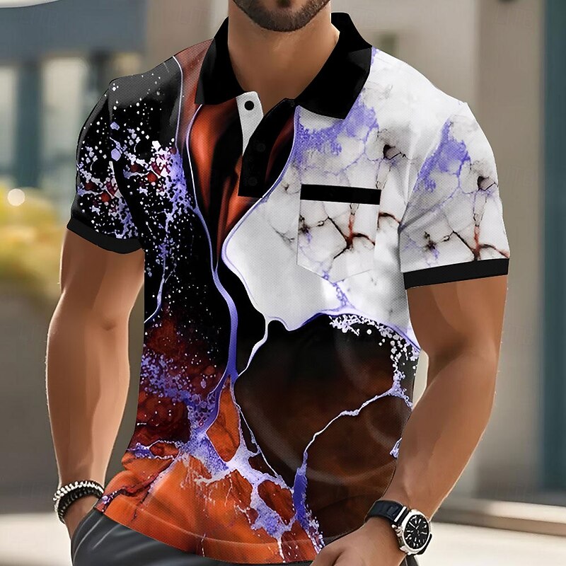 Men's Geometic Marble Polo Short Sleeve Polo Shirts Collared Shirts Business Casual Outdoor Athleisure Daily Wear 3D Print Buttons Summer Blue Purple Orange2