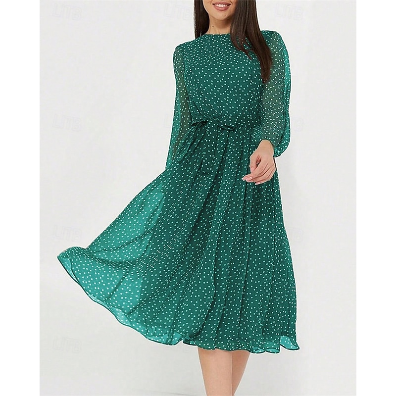 Women's Midi Dress Casual Dress Swing Dress Fashion Modern Daily Beach Weekend Regular Fit Polka Dot Long Sleeve Crew Neck Black Navy Blue Brown Green Spring Fall