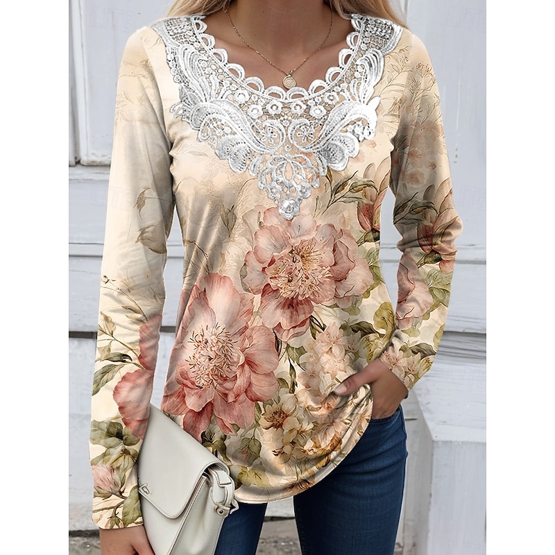 Women's Blouse Tunic Lace Splicing V Neck Long Sleeve Floral Graphic Plants Vintage Crew Neck Tops Daily Going out Weekend Lace Patchwork Print White Yellow Blue Sky Blue Purple Spring Fall Prefall3