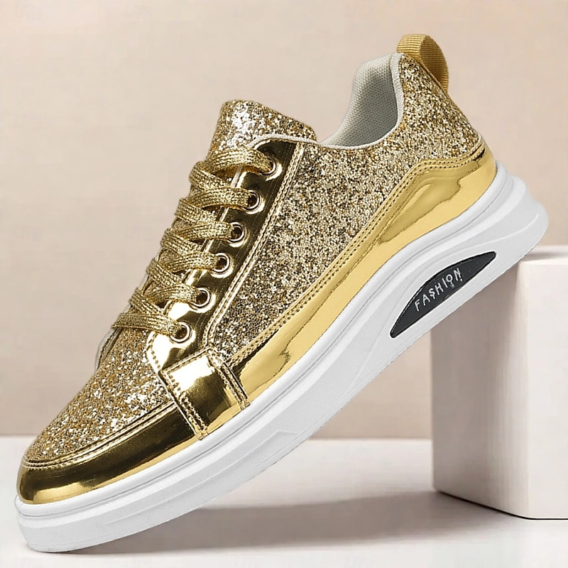 Men's Gold Glitter Sneakers Casual Fashion Shoes for Streetwear Parties and Holiday Events