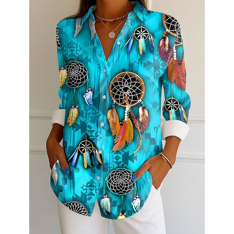 Women's Shirt Button Down Tunic Shirt Collar Long Sleeve Graphic Feather Elegant Vintage Tropical Regular Tops Daily Holiday Beach Wear s Print Pink Blue Orange Green Spring Fall