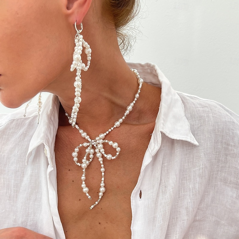 Women's Pearl Bow Necklace and Drop Earrings Set - Elegant Statement Jewelry for Fashion Parties and Cocktail Events2