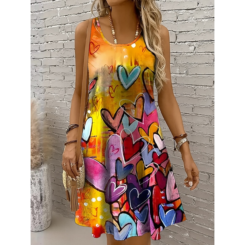 Women's Mini Dress Sundress A Line Dress Off The Shoulder Dress Vacation Casual Boho Holiday Beach Regular Fit Heart Graphic Sleeveless Crew Neck Yellow Red Blue Purple Summer Spring