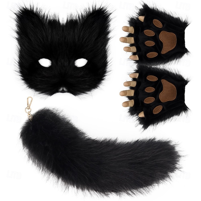 Furry Fox Mask Set with Gloves and Tail – Handmade Cosplay Accessories, Animal Mask, Tail, and Gloves for Halloween, Party, and Role Play