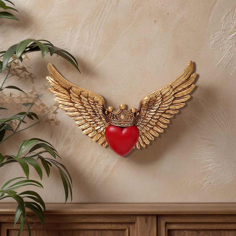 Resin Wall Decor with Crown, Red Heart, and Wings Design, Handmade ABS Resin Hanging Ornament for Living Room, Study, Shop, Party, and Holiday Celebration Decorations