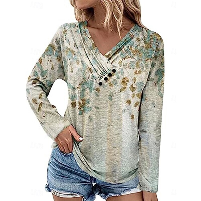 Women's Blouse Floral Stylish Modern Long Sleeve V Neck Regular Tops Daily Holiday Buttons Print Light Green Royal Blue Blue Brown Green Summer Spring Fall3