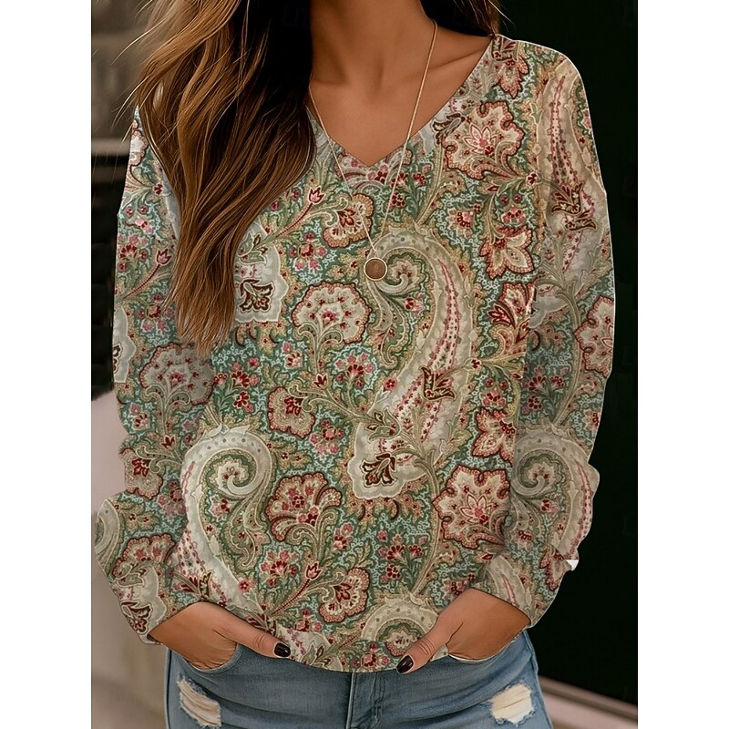 Women's Blouse Floral Stylish Modern Long Sleeve V Neck Regular Tops Daily Holiday Print White Red Blue Brown Summer Spring Fall