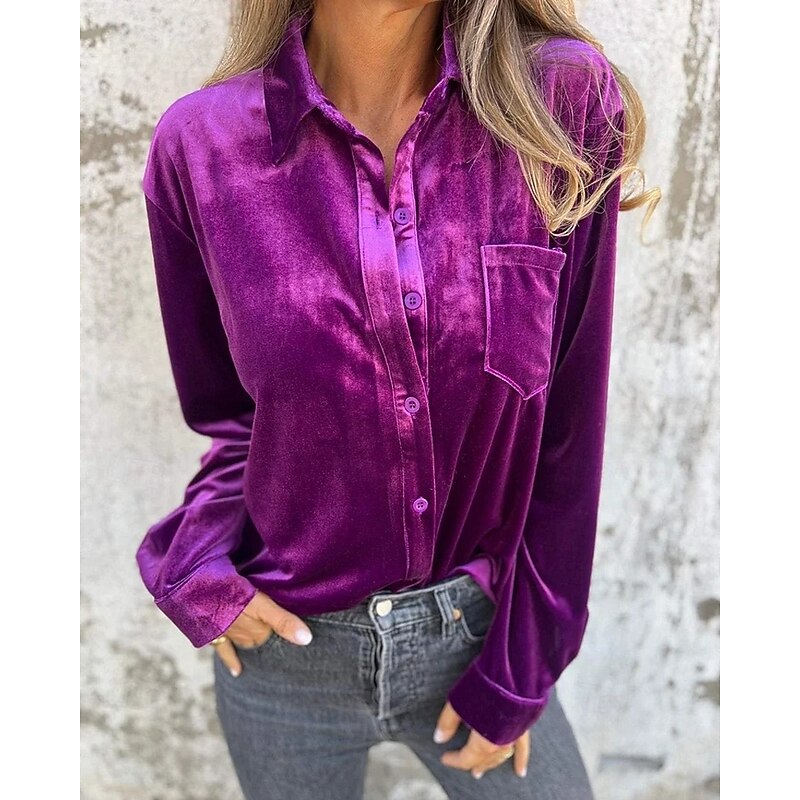 Women's Shirt Texture Blouse Plain Stylish Modern Long Sleeve Shirt Collar Regular Tops Work Daily Going out Buttons Army Green Purple Brown Rose Pink Spring Fall2