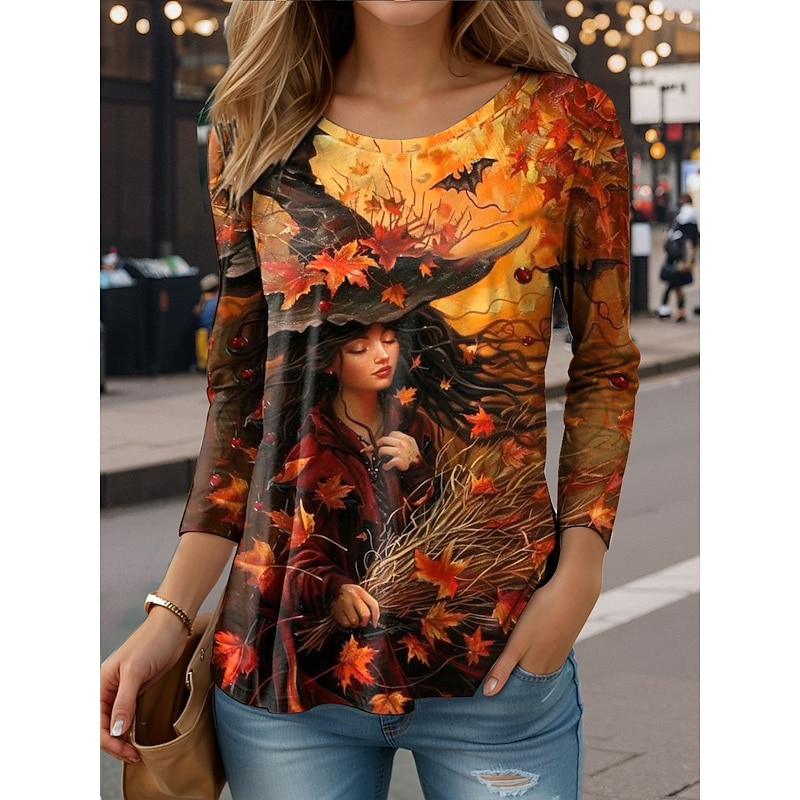 Halloween Women's T shirt Witch Long Sleeve Crew Neck Long Sleeve Tunic Graphic Casual Round Neck Regular Tops Daily Print Purple Orange Green Fall Prefall