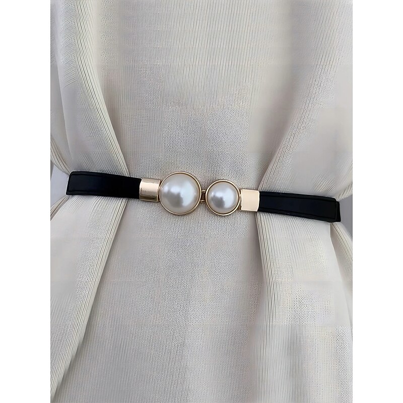 Women's Pearl Buckle Elastic Waist Belt – Slim Adjustable Polyester Dress Belt, Elegant Vintage Style for Ladies, Suitable for Weddings, Parties and Formal Events