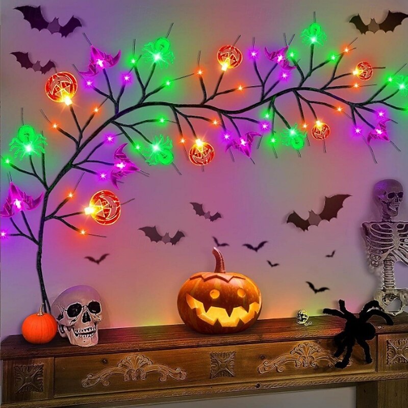 LED Halloween Decorative Branch Lights with Bat Pumpkin Vine Design Battery Operated Festival Atmosphere Lighting for Bar, Party, Indoor & Outdoor Decor