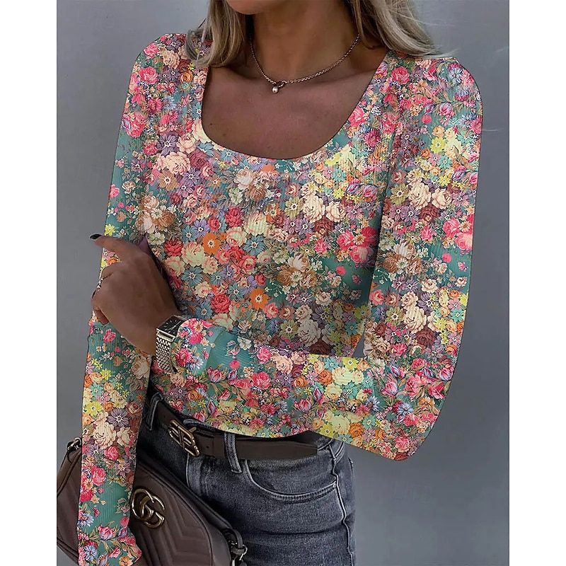 Women's T shirt Long Sleeve Ribbed Graphic Square Neck Long Sleeve Casual Tunic Floral Plants Vintage Stylish Regular Tops Daily Print White Pink Orange Green Beige Spring Fall Prefall