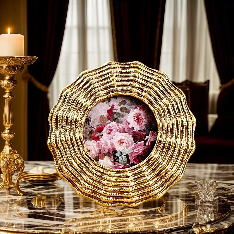 Vintage Round Photo Frame with Gold Floral Edging, Dual-Use Wall Hanging and Table Display, Includes Random Insert, Retro Home Decor and Photography Prop4