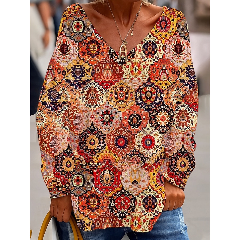 Women's Blouse Floral Bohemia Vintage Long Sleeve V Neck Regular Tops Daily Holiday Print White Wine Red Green Summer Spring Fall3