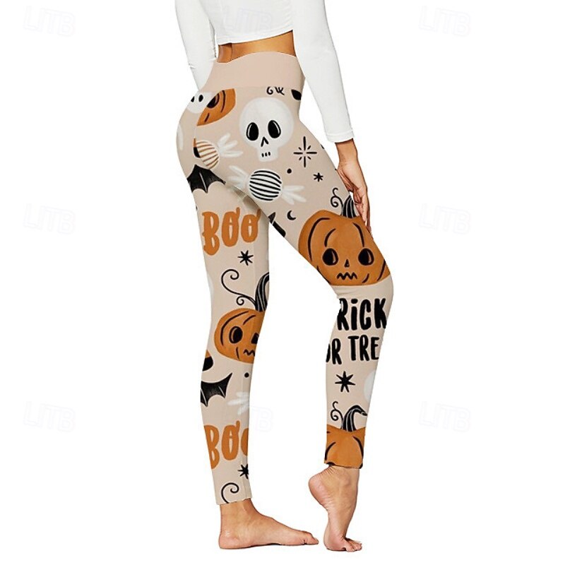 Women's Leggings Streetwear Casual Full Length NaturalPantsHalloween Pumpkin Elastic Waist Printing Comfortable Outdoor Vacation Holiday Black Grey Dark-Gray Orange red Apricot Fall Regular Fit4
